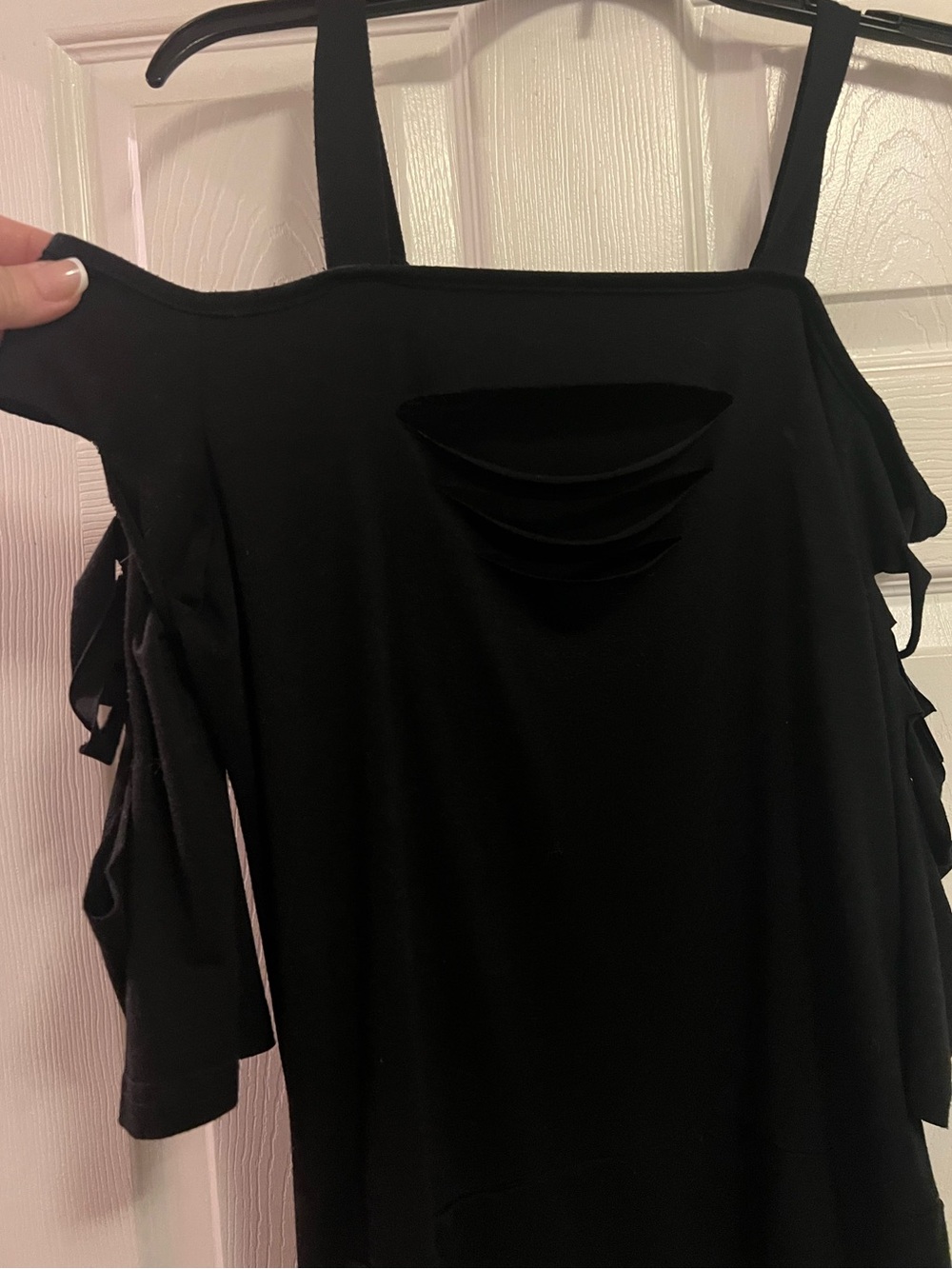 Black Cold-Shoulder Top with Distressed Cutouts On Chest & Arms- Size Medium - Picture 7 of 13